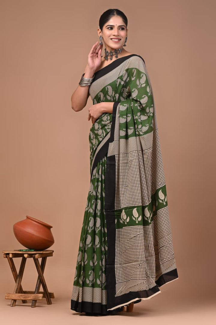 Jaipuri Printed Pure Mulmul Cotton Saree | With Blouse Piece - Green Pasly