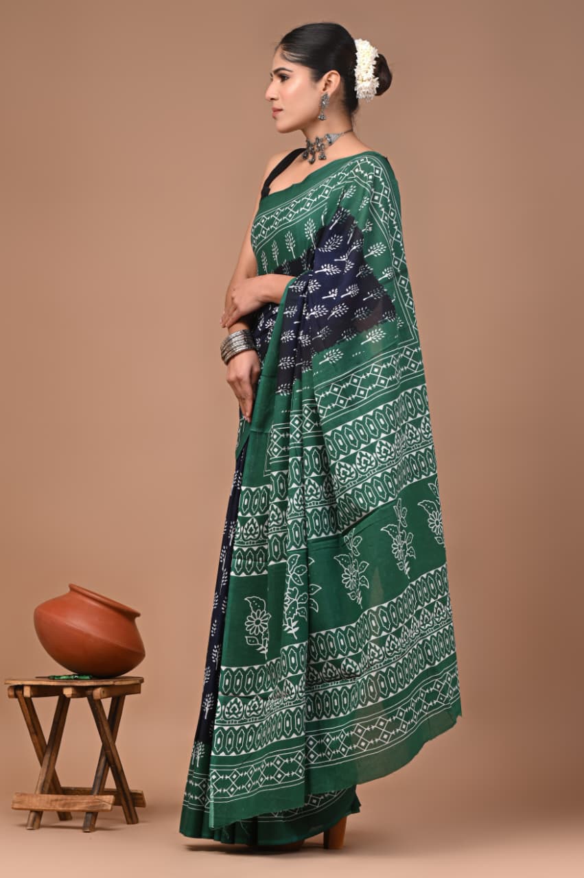 Jaipuri Printed Pure Mulmul Cotton Saree | With Blouse Piece - Team blue