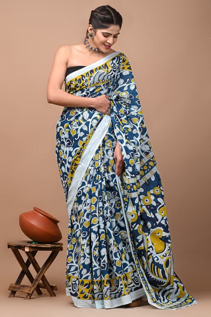 Jaipuri Printed Pure Mulmul Cotton Saree | With Blouse Piece - Kalamkari
