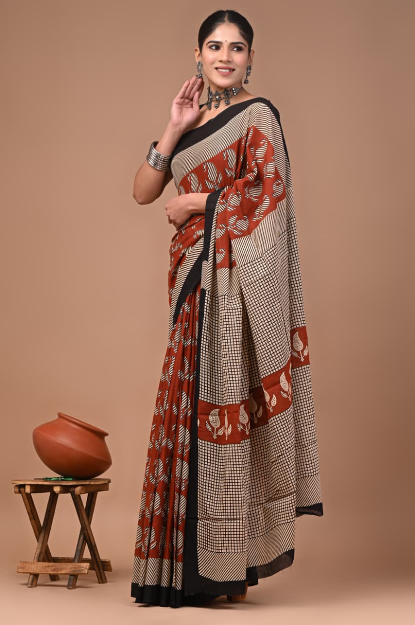 Jaipuri Printed Pure Mulmul Cotton Saree | With Blouse Piece - Bagru pasly