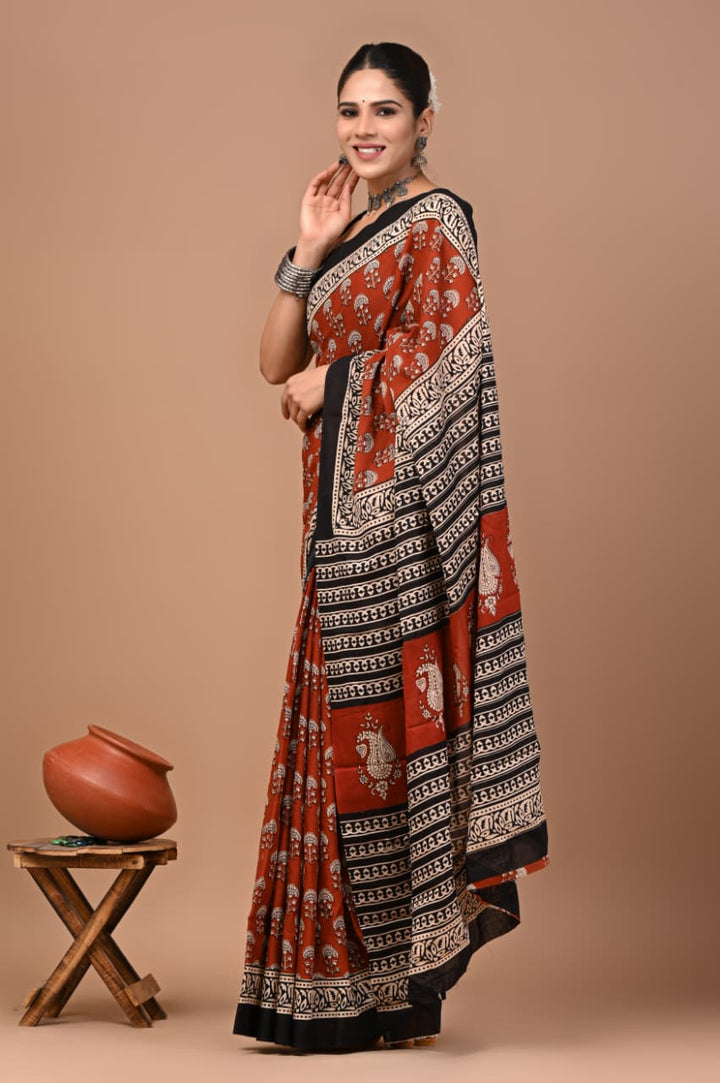 Jaipuri Printed Pure Mulmul Cotton Saree | With Blouse Piece - Bagru Printed