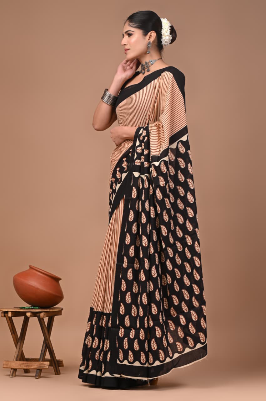 Jaipuri Printed Pure Mulmul Cotton Saree | With Blouse Piece - Stripes