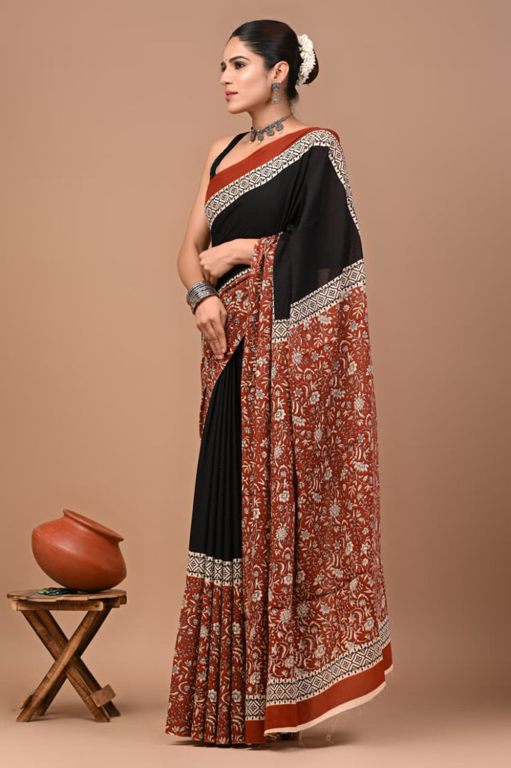 Jaipuri Printed Pure Mulmul Cotton Saree | With Blouse Piece - Black Bagru