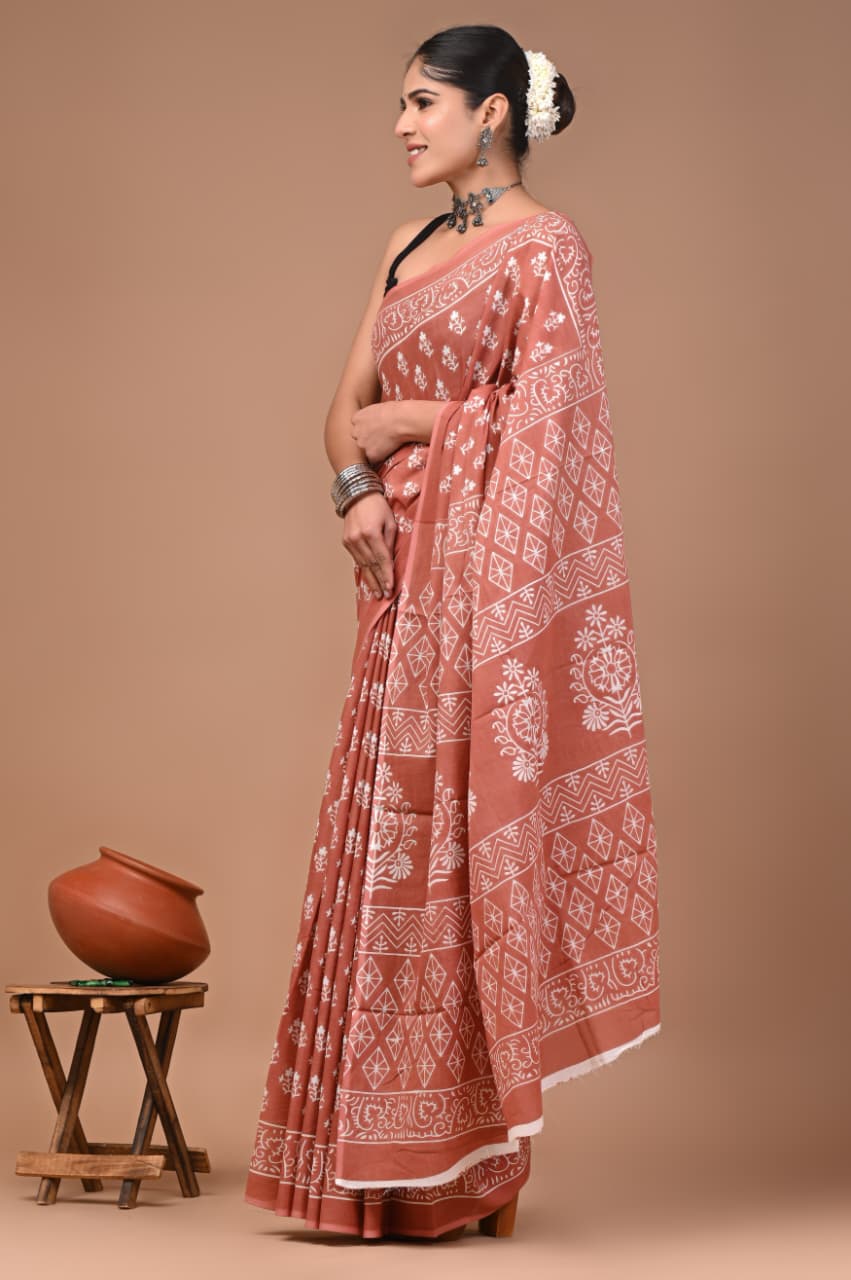 Jaipuri Printed Pure Mulmul Cotton Saree | With Blouse Piece