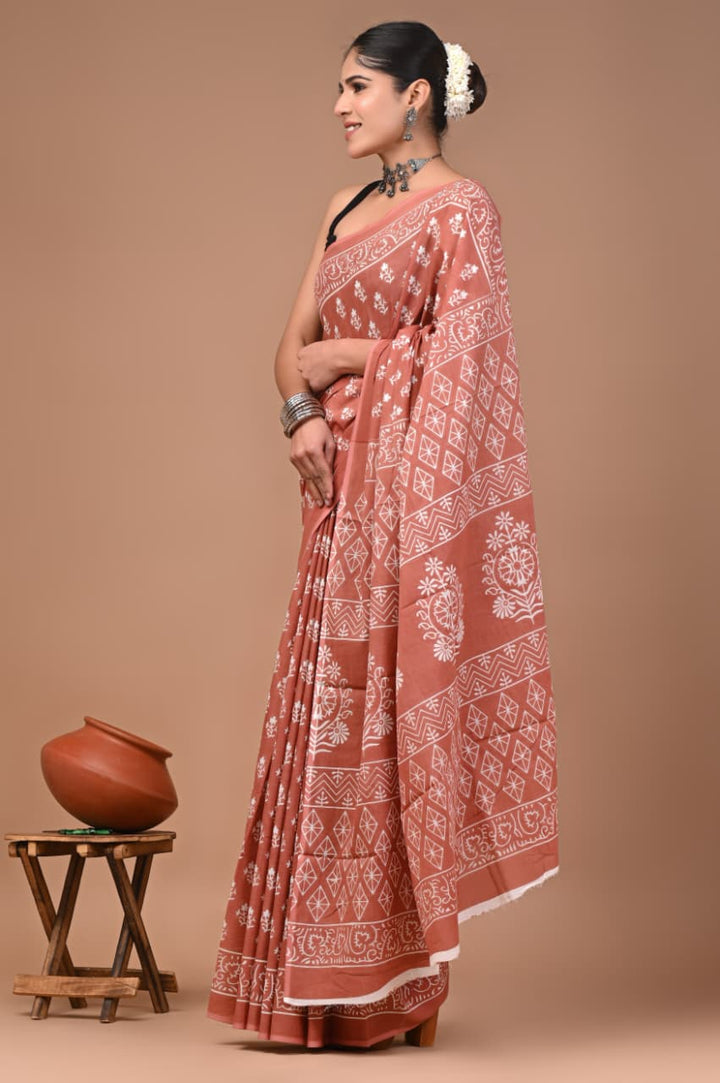 Jaipuri Printed Pure Mulmul Cotton Saree | With Blouse Piece