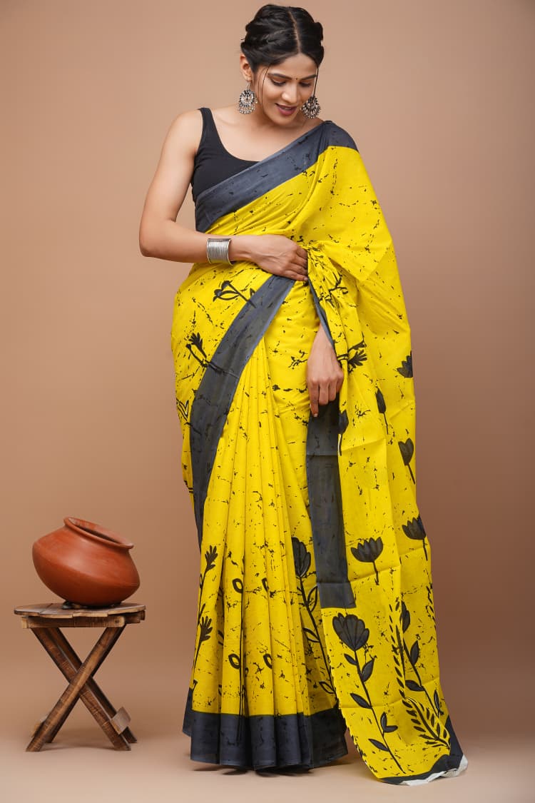 Jaipuri Printed Pure Mulmul Cotton Saree | With Blouse Piece - Mustard yellow