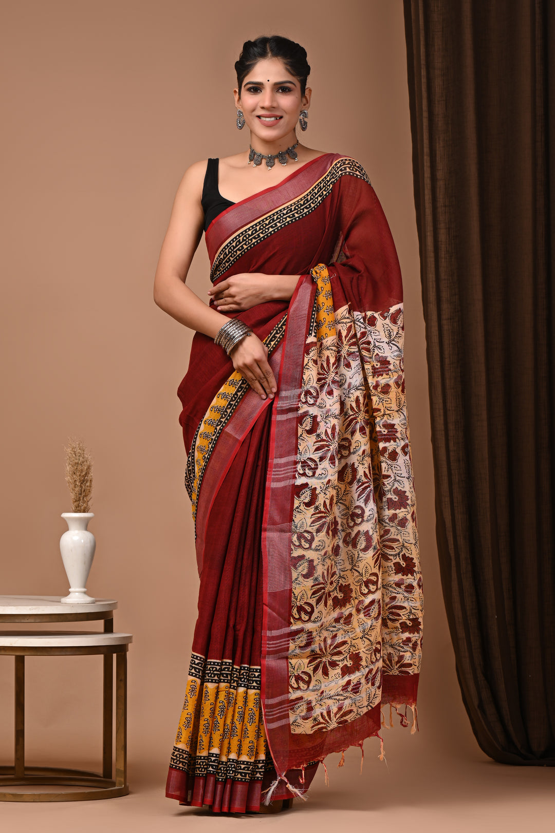 Brick Red & Beige Contemporary Floral Print Saree