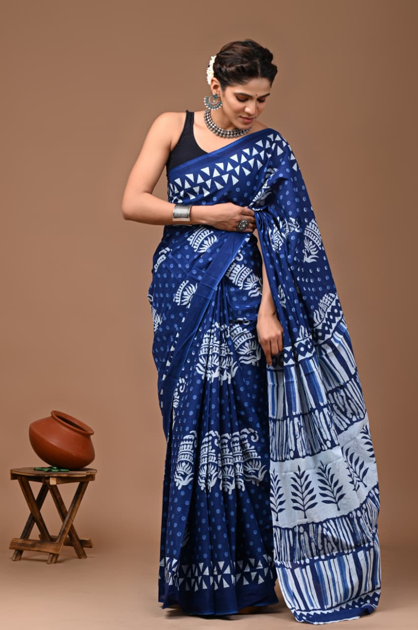 Jaipuri Printed Pure Mulmul Cotton Saree | With Blouse Piece - indigo blue