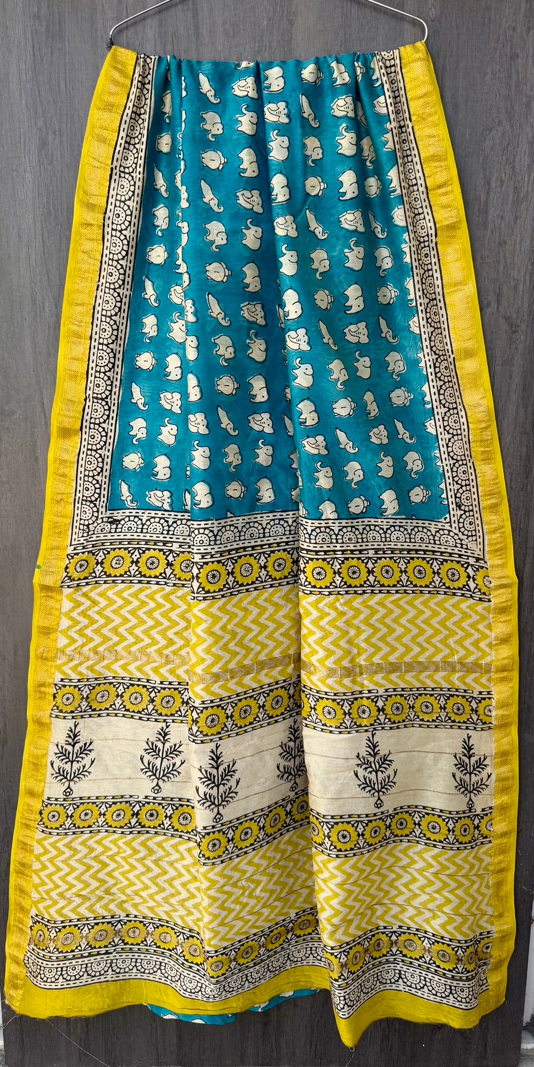 Pure Maheshwari Silk Saree - Peacock Blue Elephant Block Print with Yellow Zigzag Border