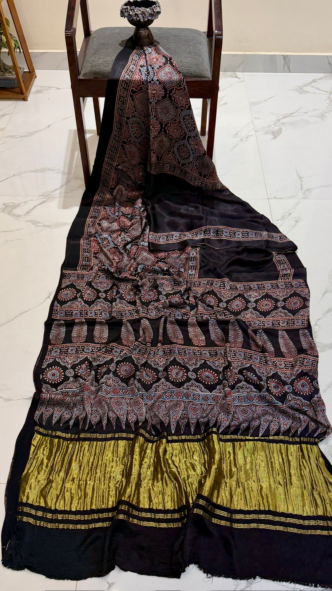 Classic Indigo & Rust Ajrakh Handblock Printed Pure Gajji Silk Saree