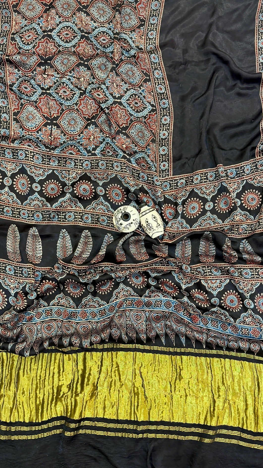 Classic Indigo & Rust Ajrakh Handblock Printed Pure Gajji Silk Saree