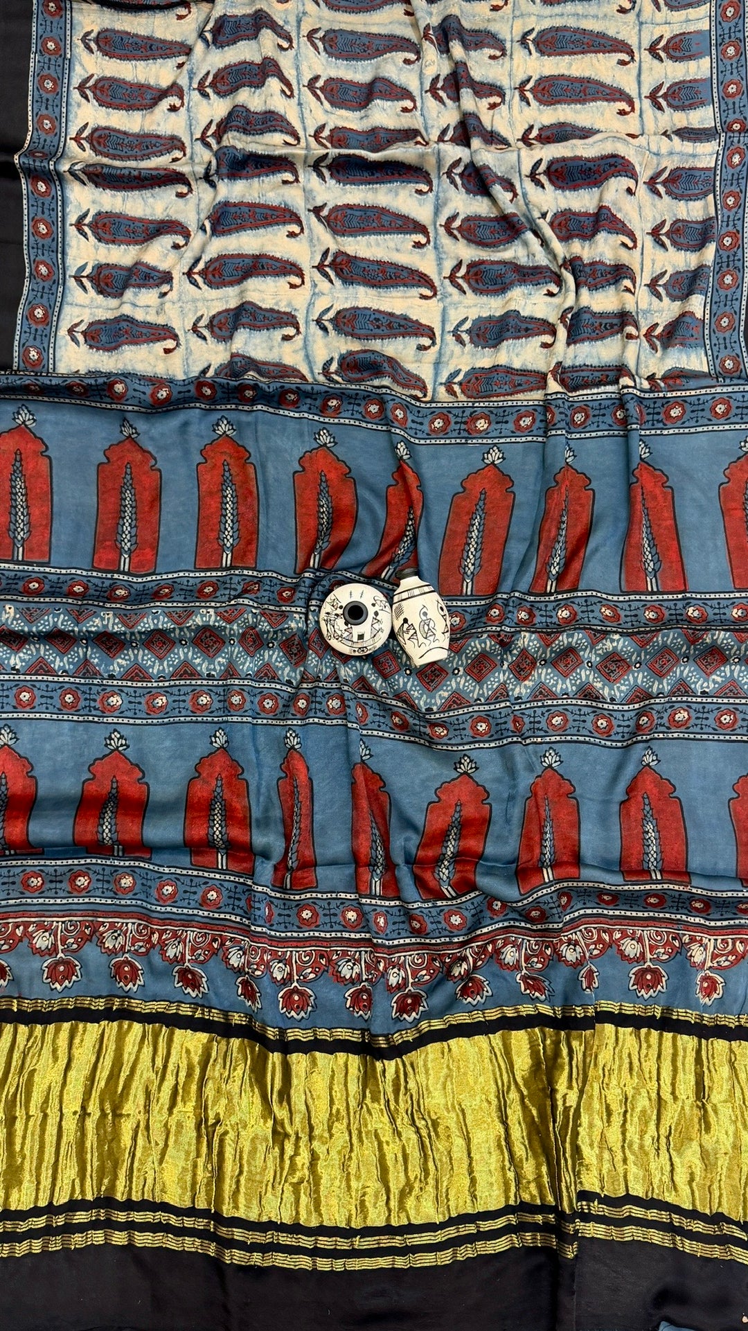 Steel Blue Traditional Jharokha Print Ajrakh Gajji Silk Saree