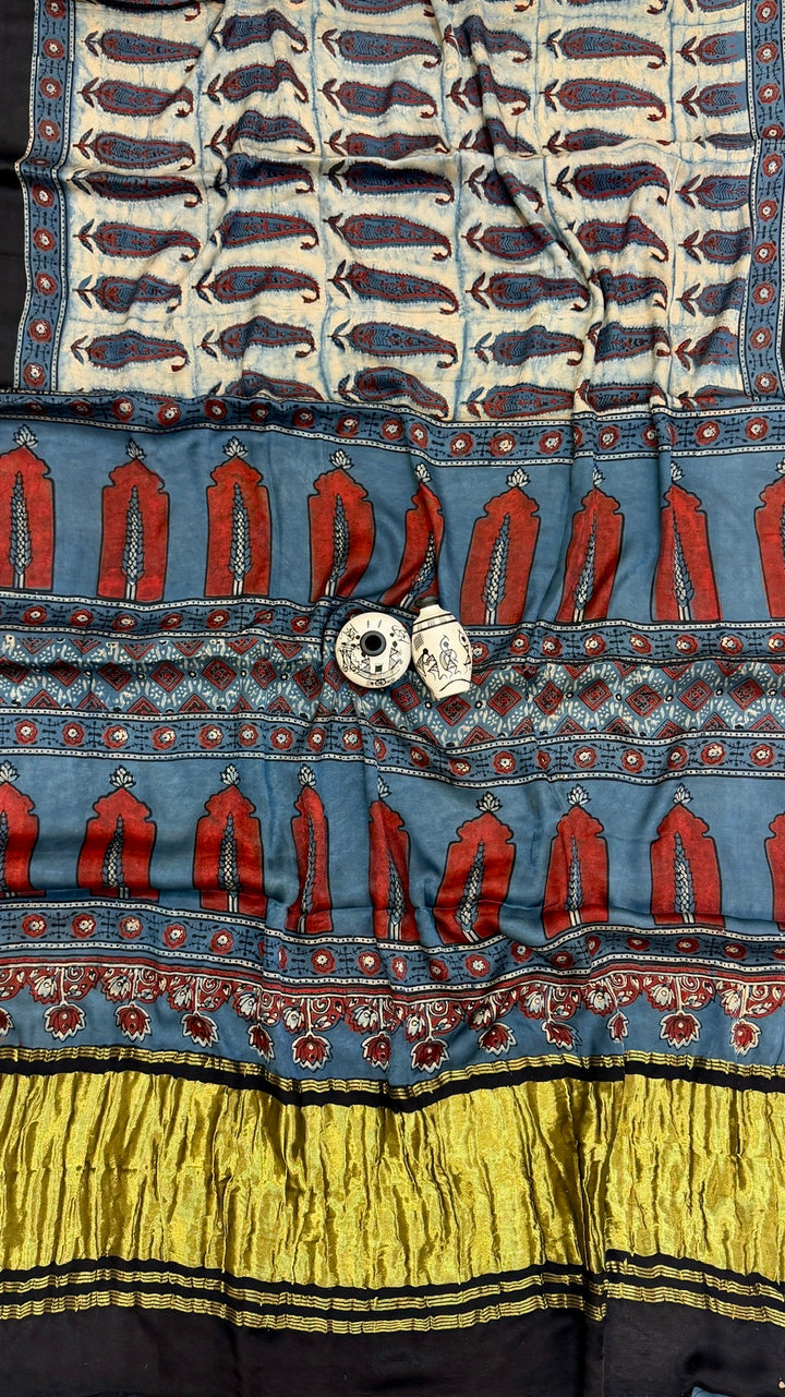Steel Blue Traditional Jharokha Print Ajrakh Gajji Silk Saree
