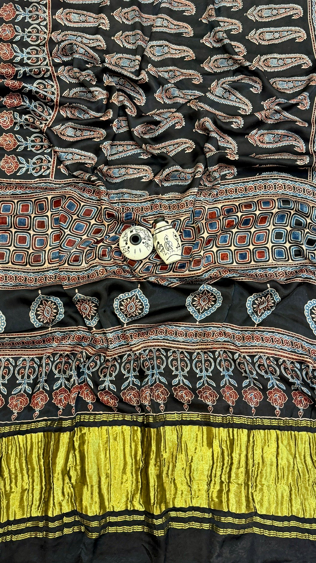 Obsidian Black & Madder Red Paisley Ajrakh Handblock Gajji Silk Saree