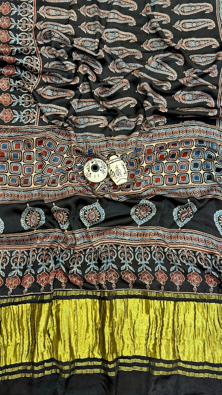 Obsidian Black & Madder Red Paisley Ajrakh Handblock Gajji Silk Saree