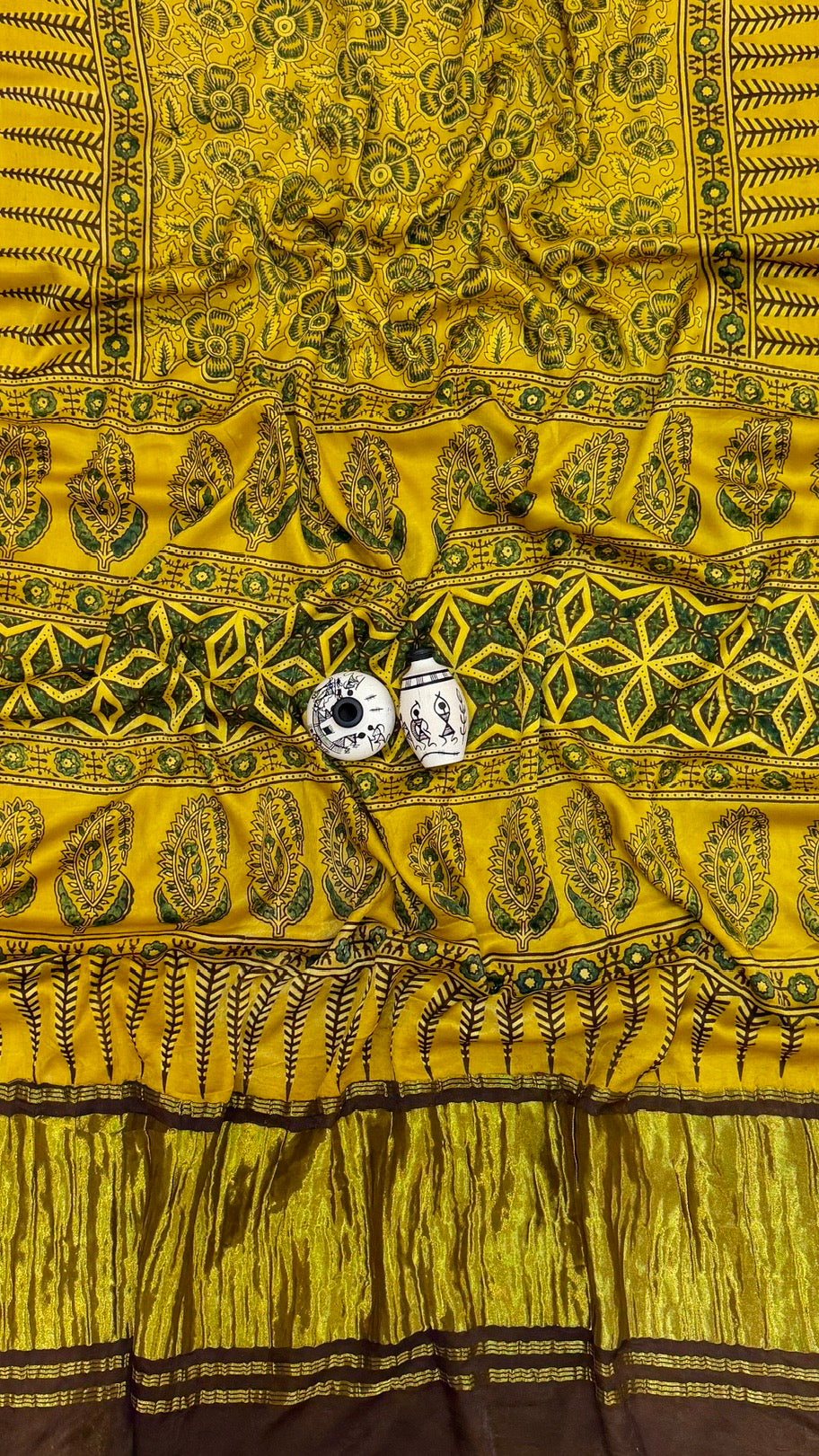 Mustard Yellow & Olive Fern Ajrakh Handblock Printed Pure Gajji Silk Saree
