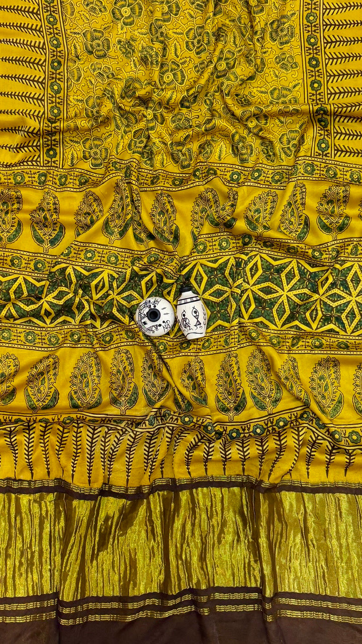 Mustard Yellow & Olive Fern Ajrakh Handblock Printed Pure Gajji Silk Saree