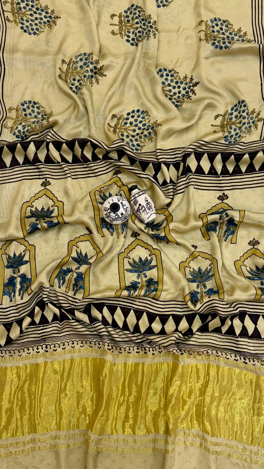 Ivory Cream Pichwai Inspired Ajrakh Handblock Pure Gajji Silk Saree