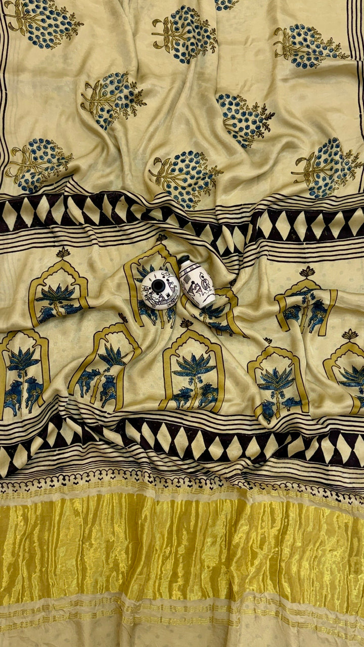 Ivory Cream Pichwai Inspired Ajrakh Handblock Pure Gajji Silk Saree