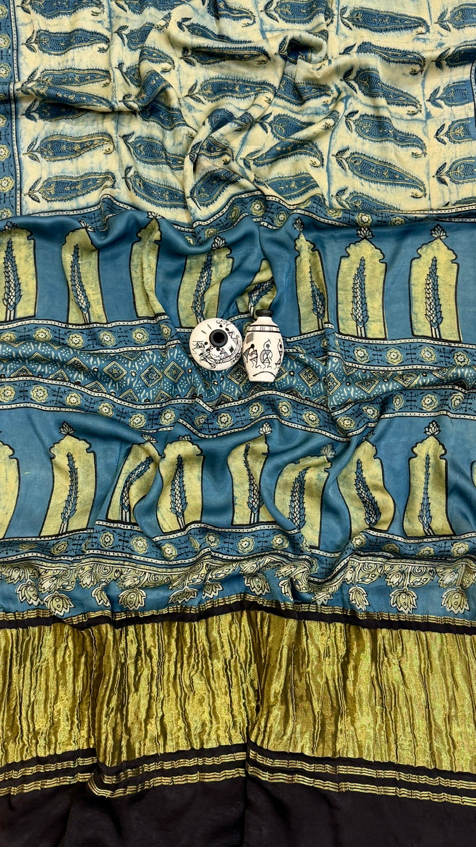 Prussian Blue & Cream Paisley Ajrakh Handblock Saree in Pure Gajji Silk