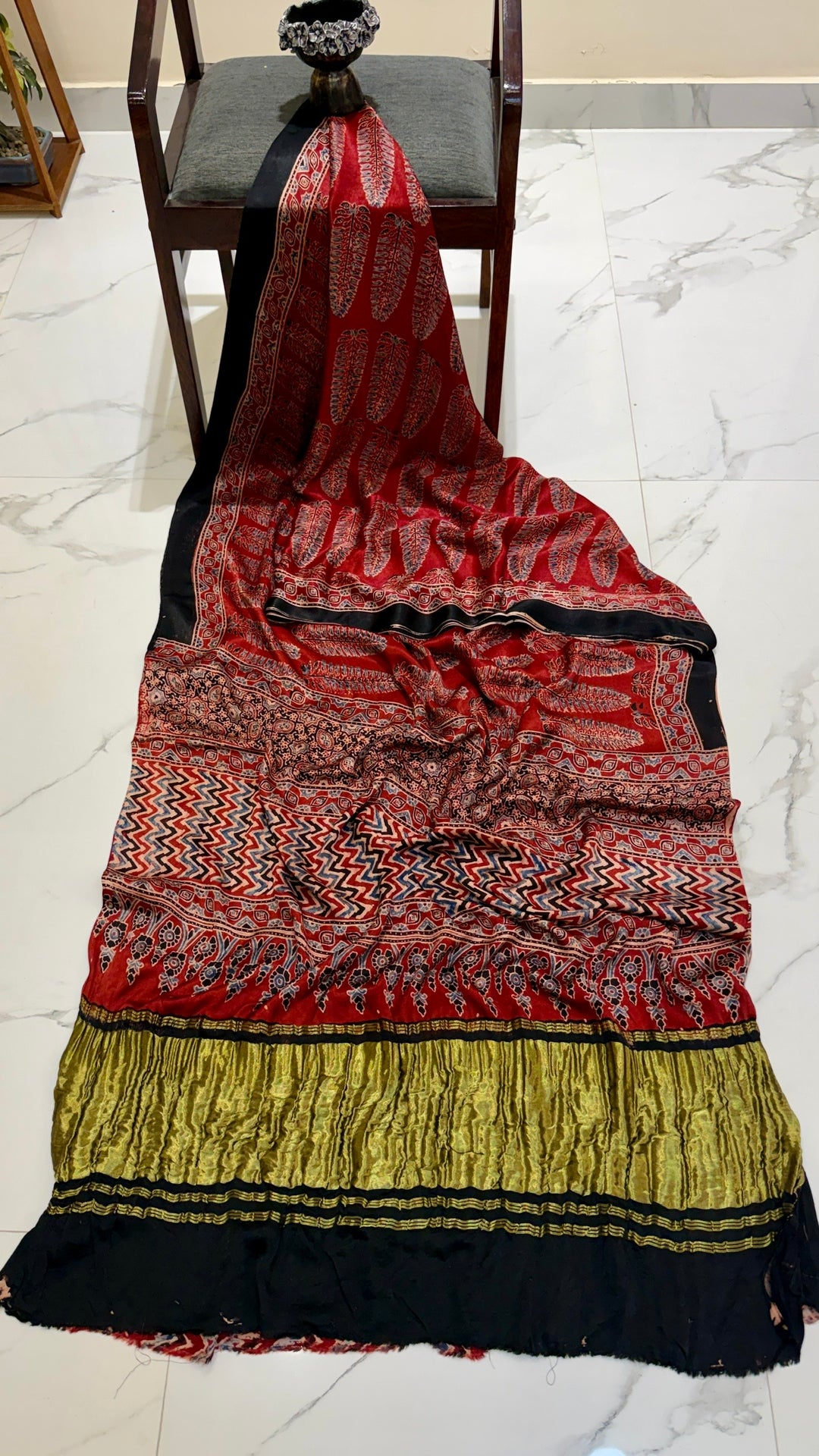 Crimson Red & Black Zig-Zag Ajrakh Handblock Pure Gajji Silk Saree