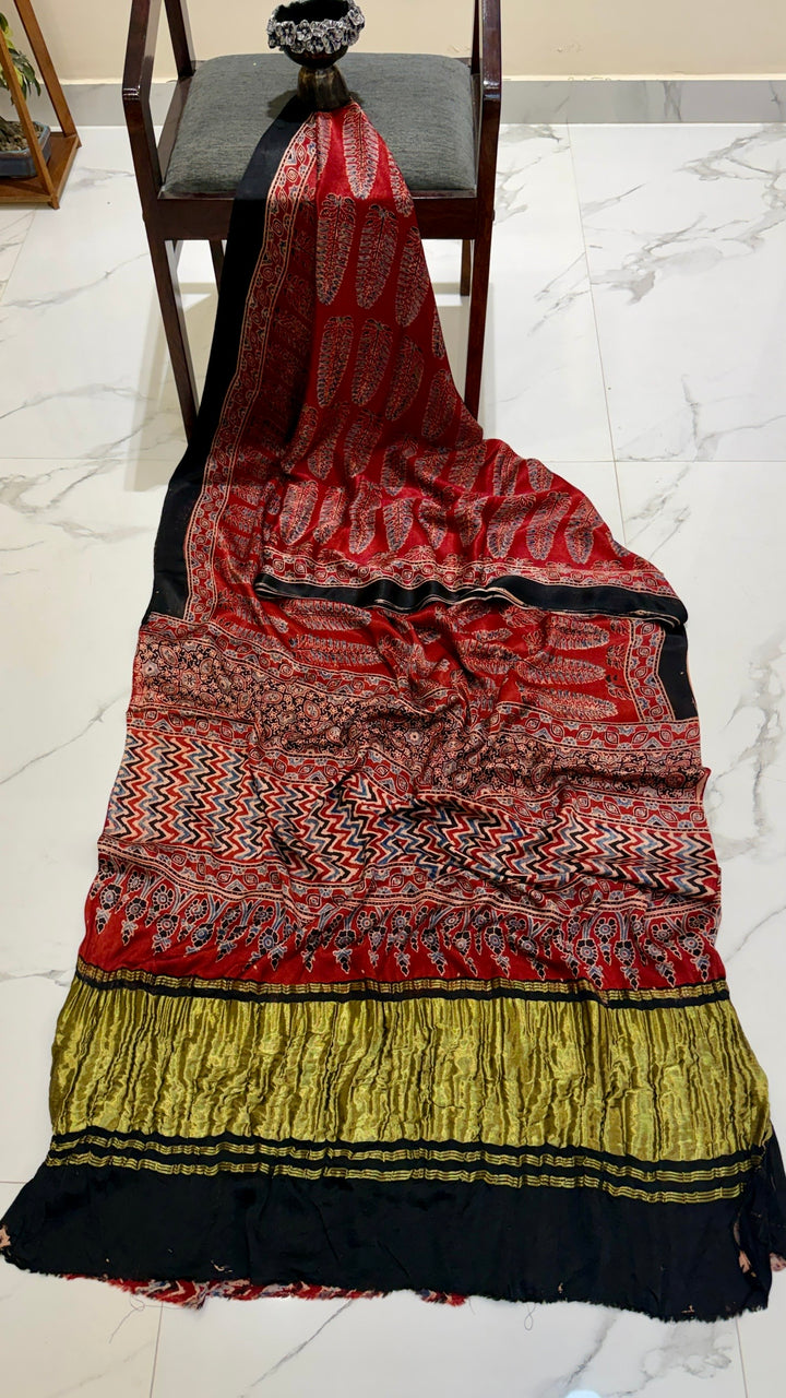 Crimson Red & Black Zig-Zag Ajrakh Handblock Pure Gajji Silk Saree