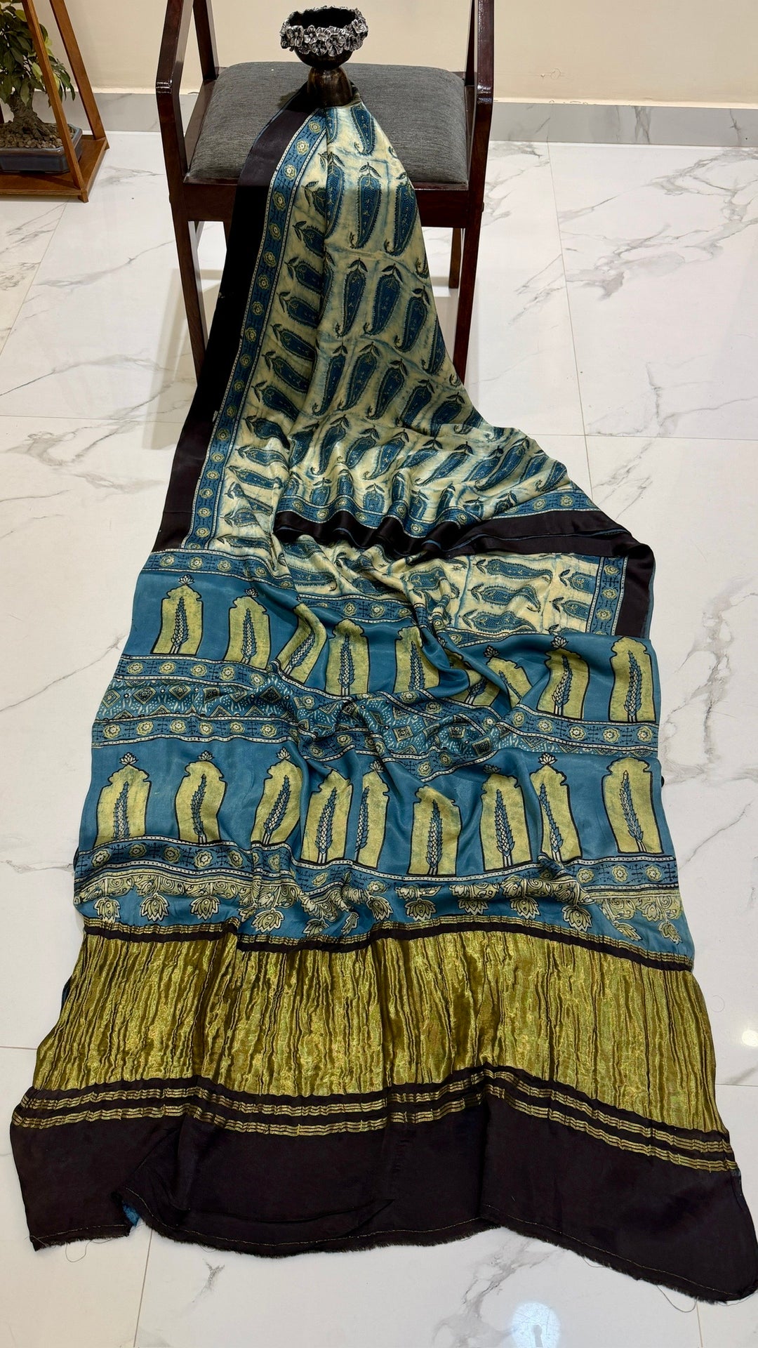 Prussian Blue & Cream Paisley Ajrakh Handblock Saree in Pure Gajji Silk