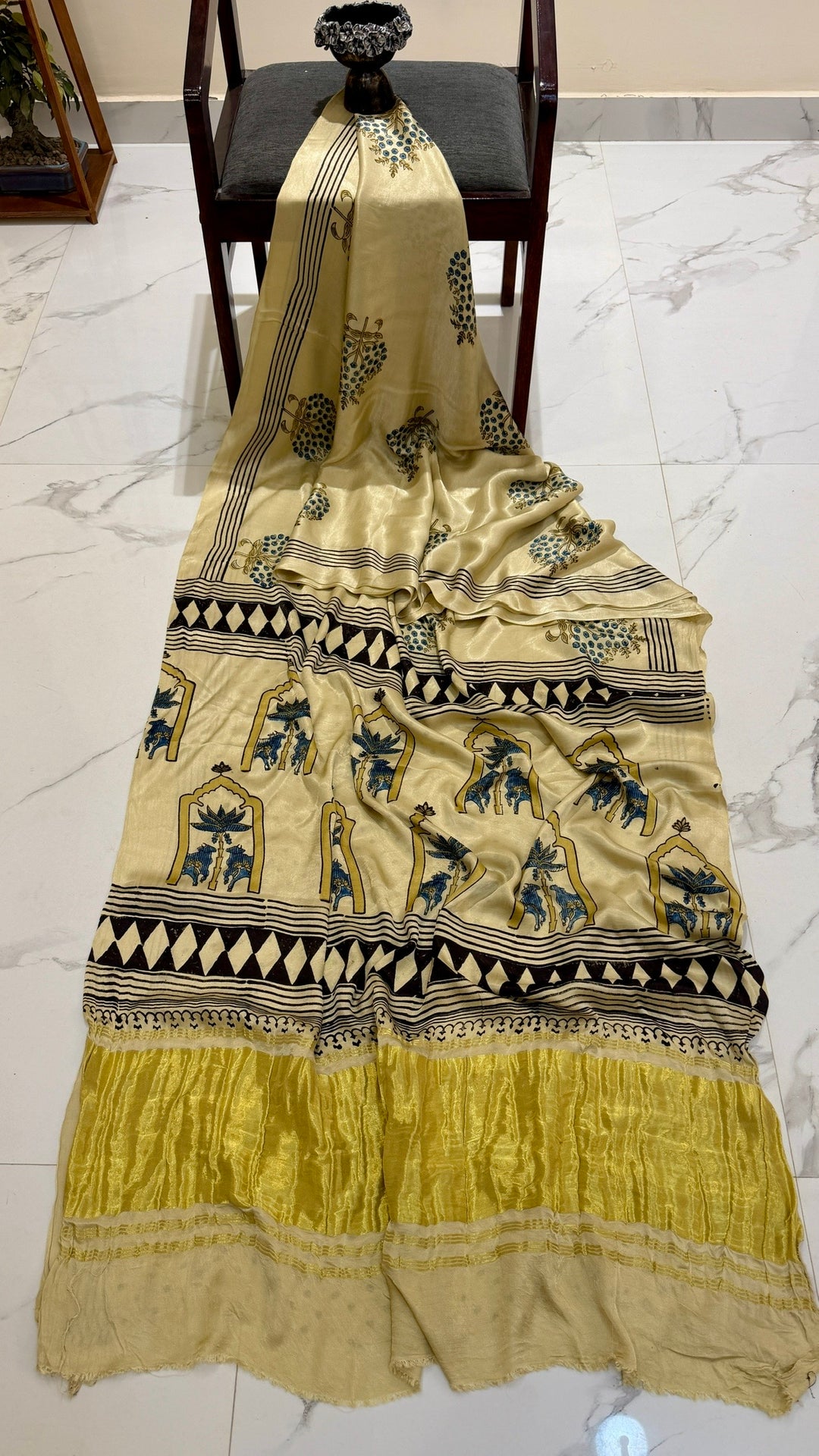 Ivory Cream Pichwai Inspired Ajrakh Handblock Pure Gajji Silk Saree