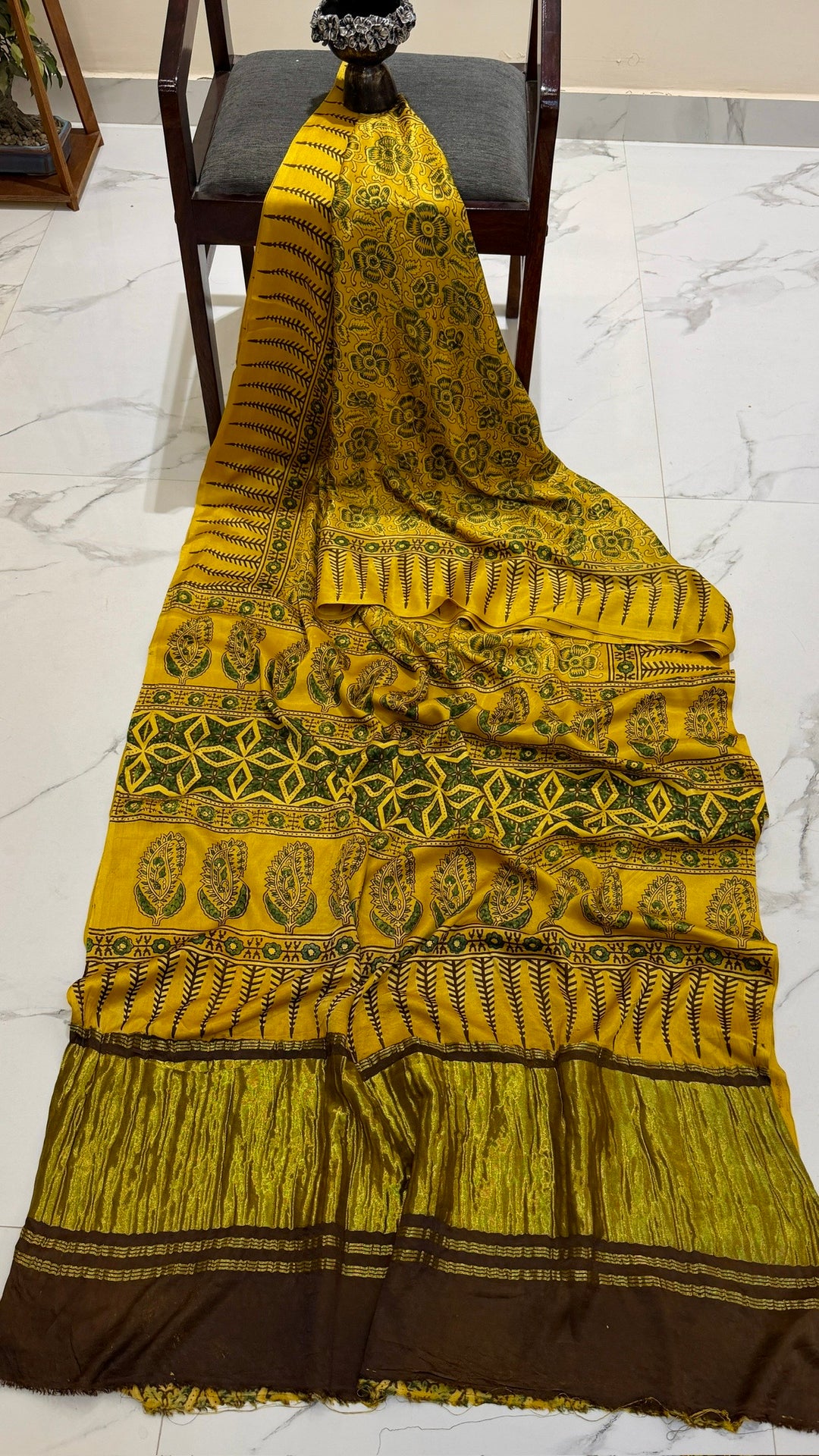 Mustard Yellow & Olive Fern Ajrakh Handblock Printed Pure Gajji Silk Saree