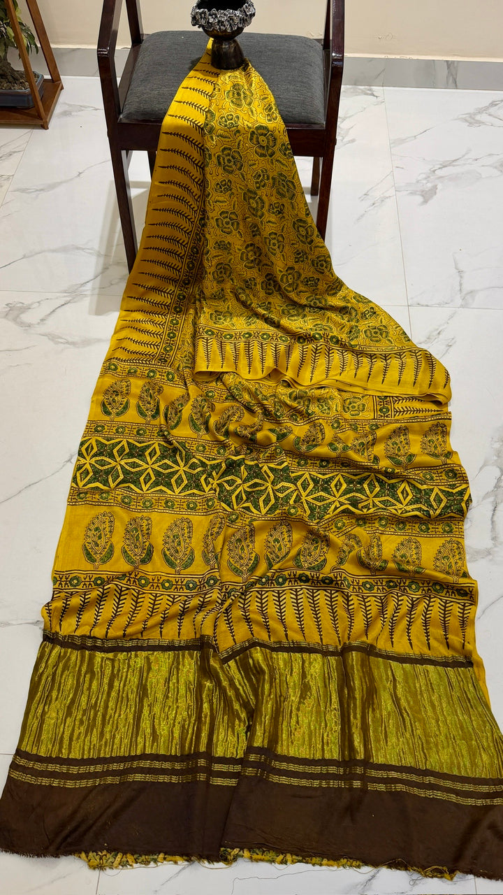 Mustard Yellow & Olive Fern Ajrakh Handblock Printed Pure Gajji Silk Saree