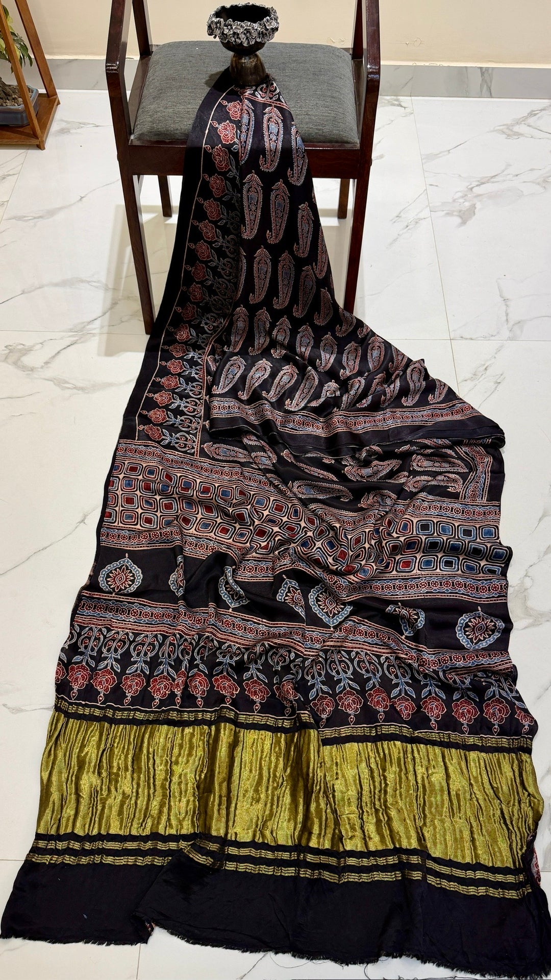 Obsidian Black & Madder Red Paisley Ajrakh Handblock Gajji Silk Saree