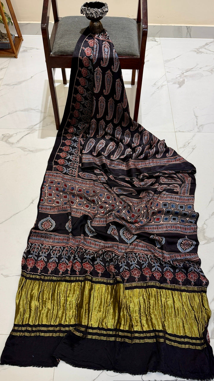 Obsidian Black & Madder Red Paisley Ajrakh Handblock Gajji Silk Saree