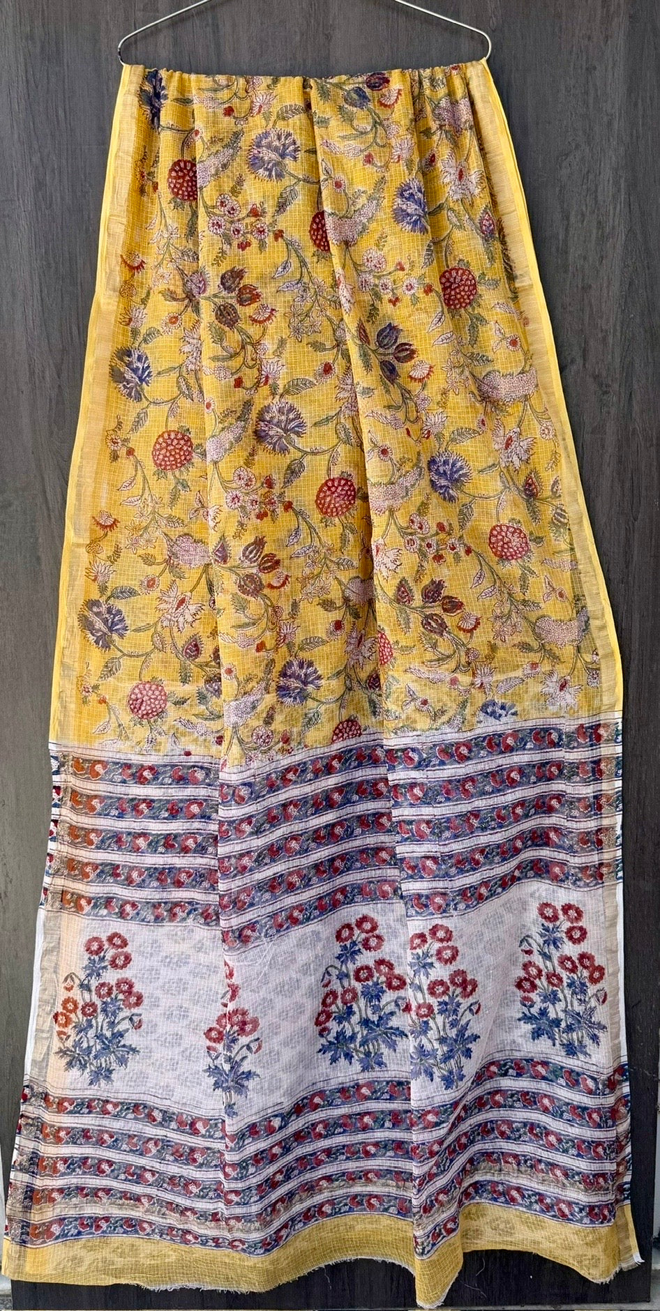 Sunshine Yellow Botanical Block Print Kota Doria Saree