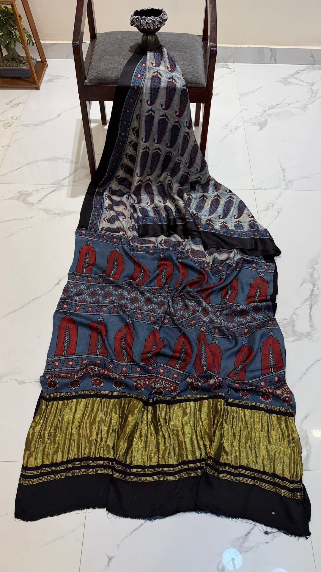 Steel Blue Traditional Jharokha Print Ajrakh Gajji Silk Saree