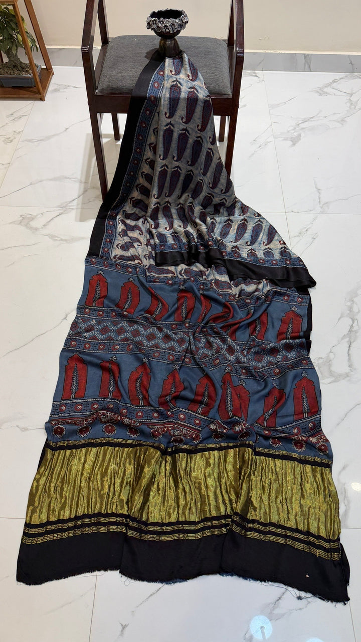 Steel Blue Traditional Jharokha Print Ajrakh Gajji Silk Saree