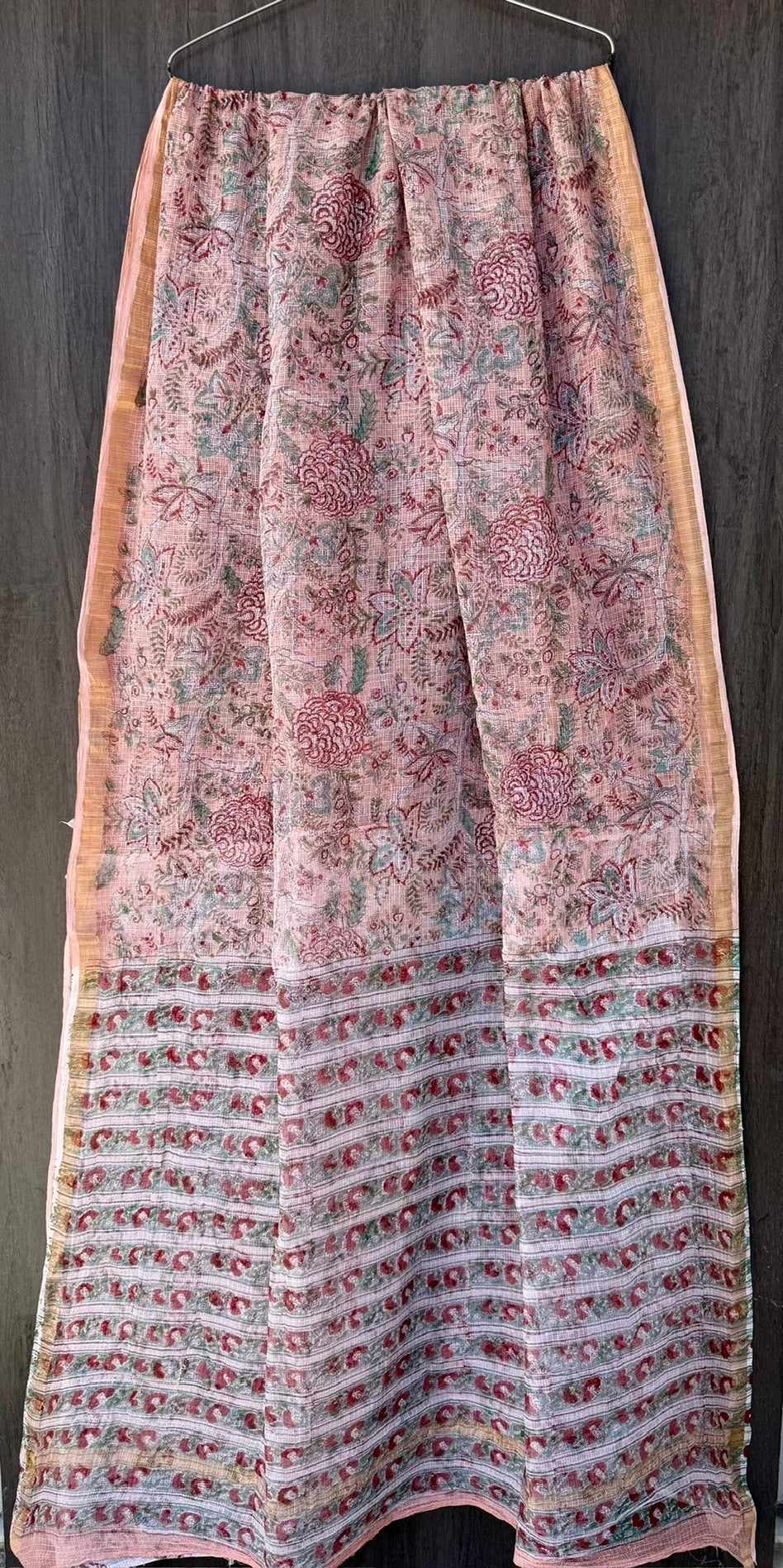Dusty Rose Pink Peony Block Printed Kota Doria Saree