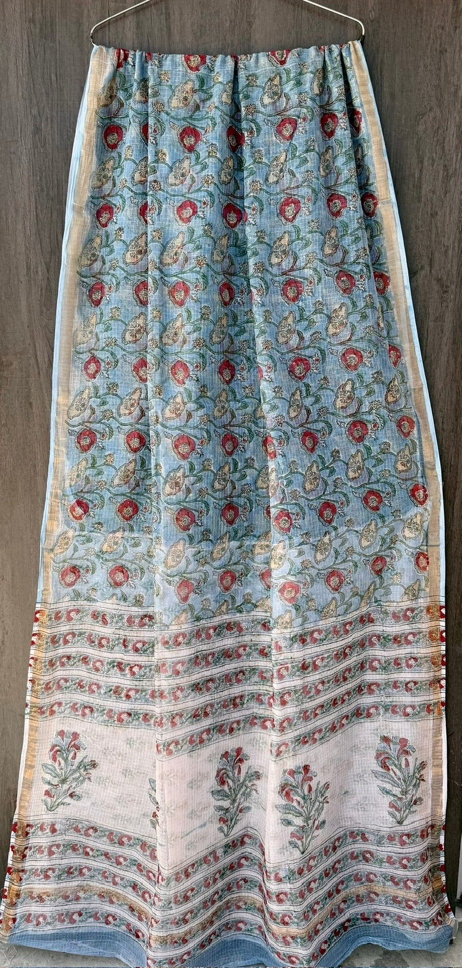 Powder Blue Pomegranate Motif Hand Block Printed Kota Doria Saree
