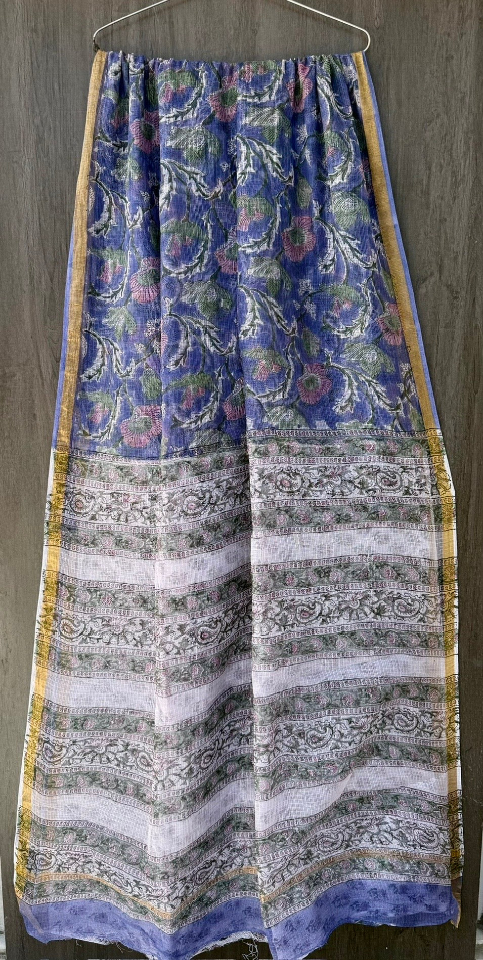 Royal Blue & Sage Green Foliage Print Kota Doria Silk Saree