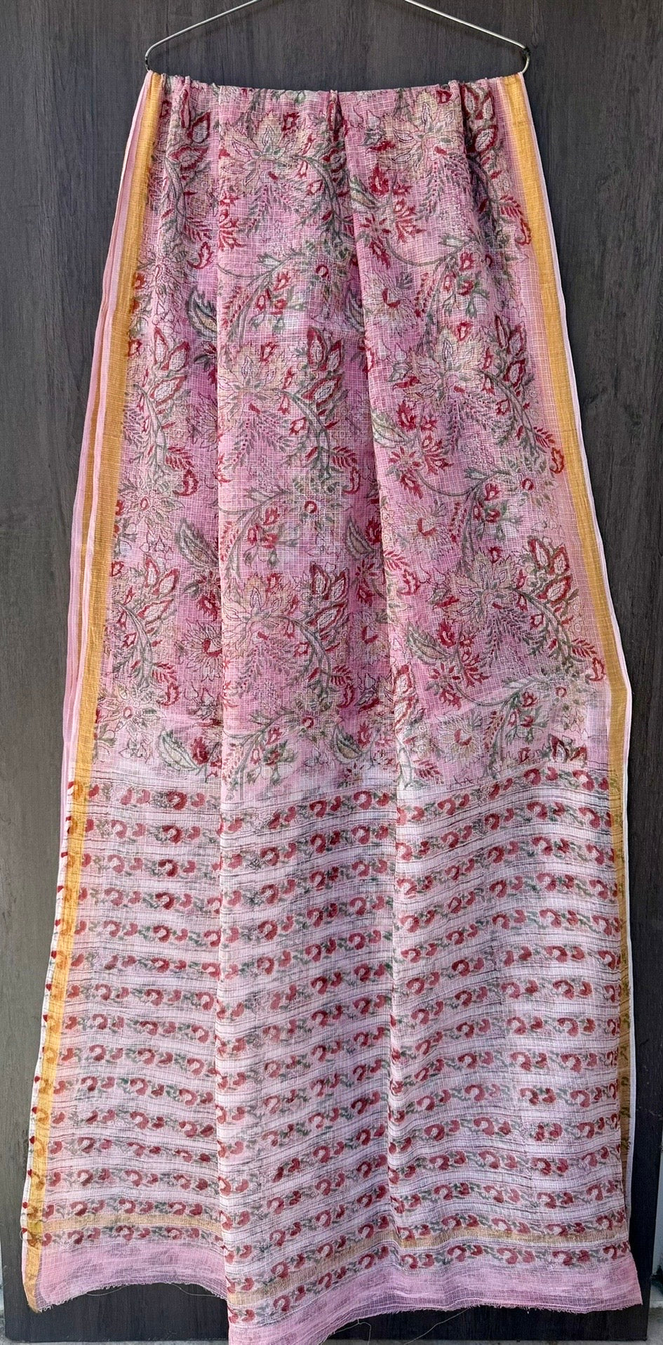Pastel Pink Floral Vine Hand Block Printed Kota Doria Saree
