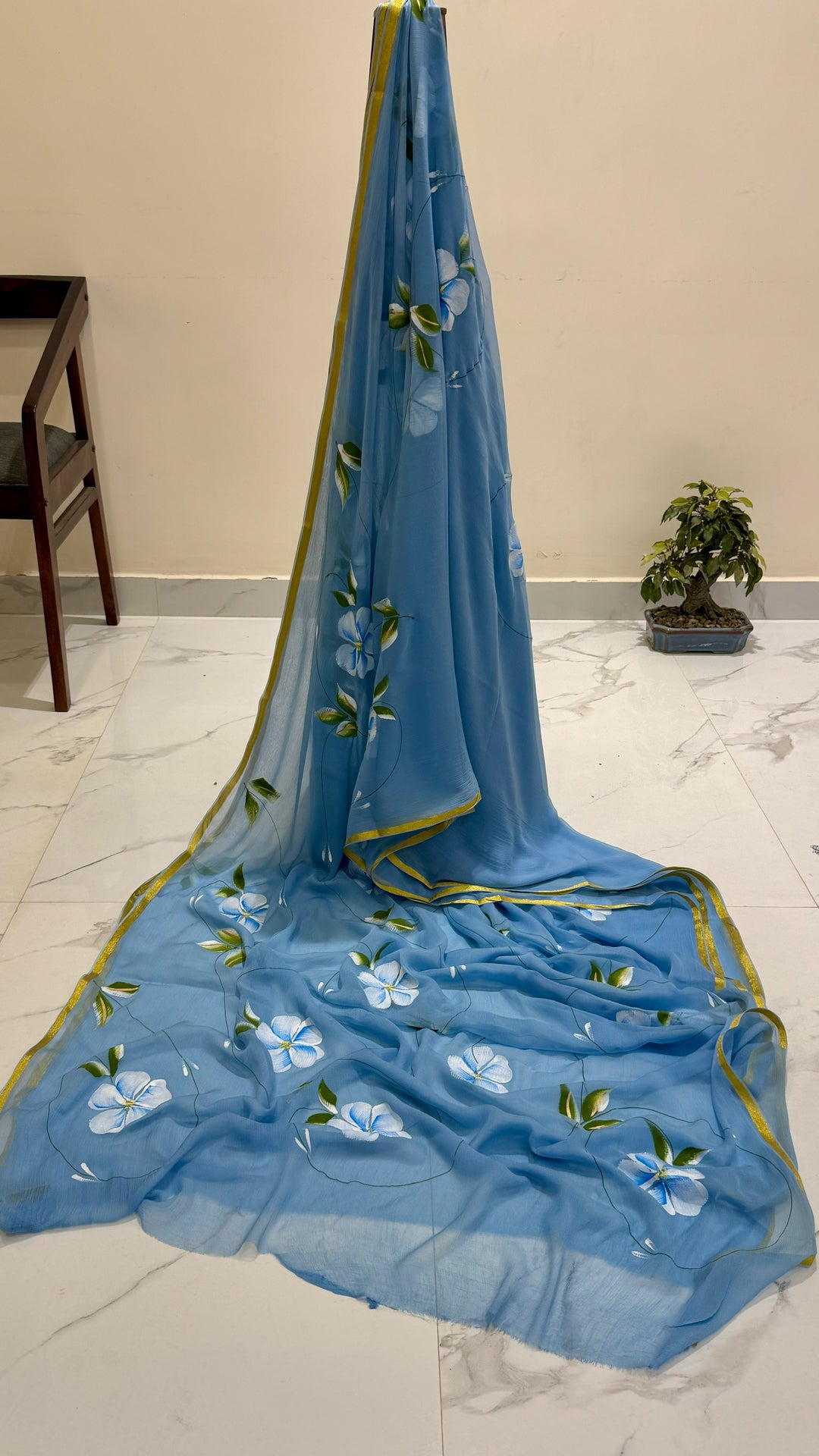 Sky Blue Pure Double Diamond Chiffon Saree with Hand-Painted White Floral Vines