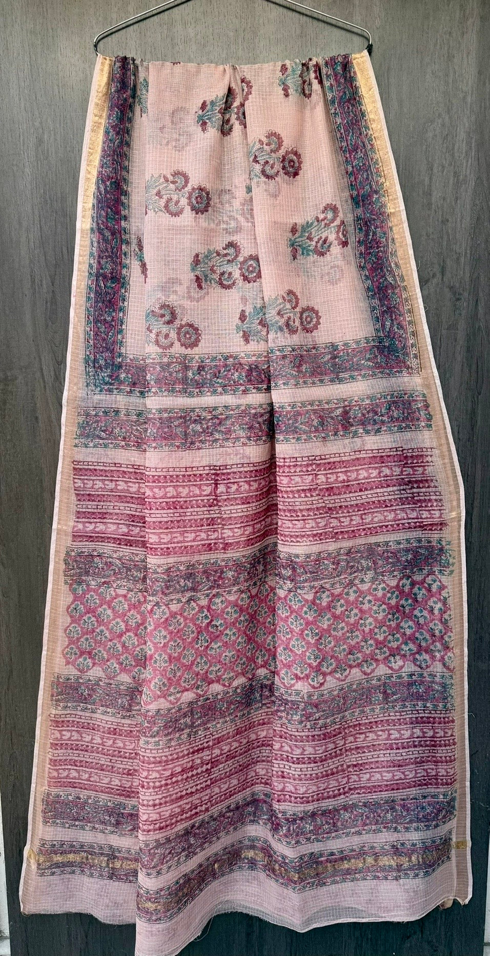 Mauve & Teal Geometric Butti Block Print Kota Doria Saree