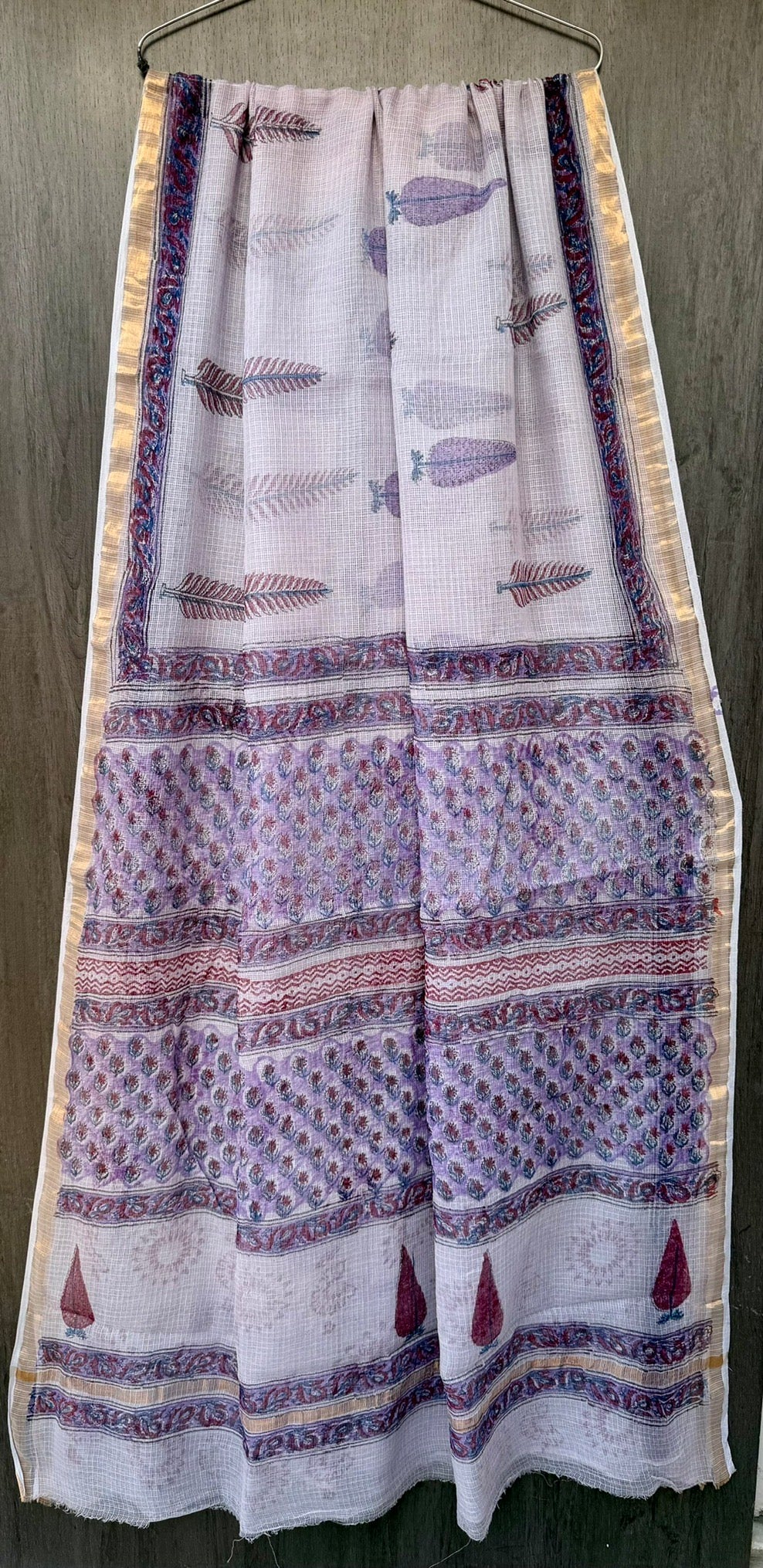Lavender Feather & Butta Hand Block Printed Kota Doria Saree