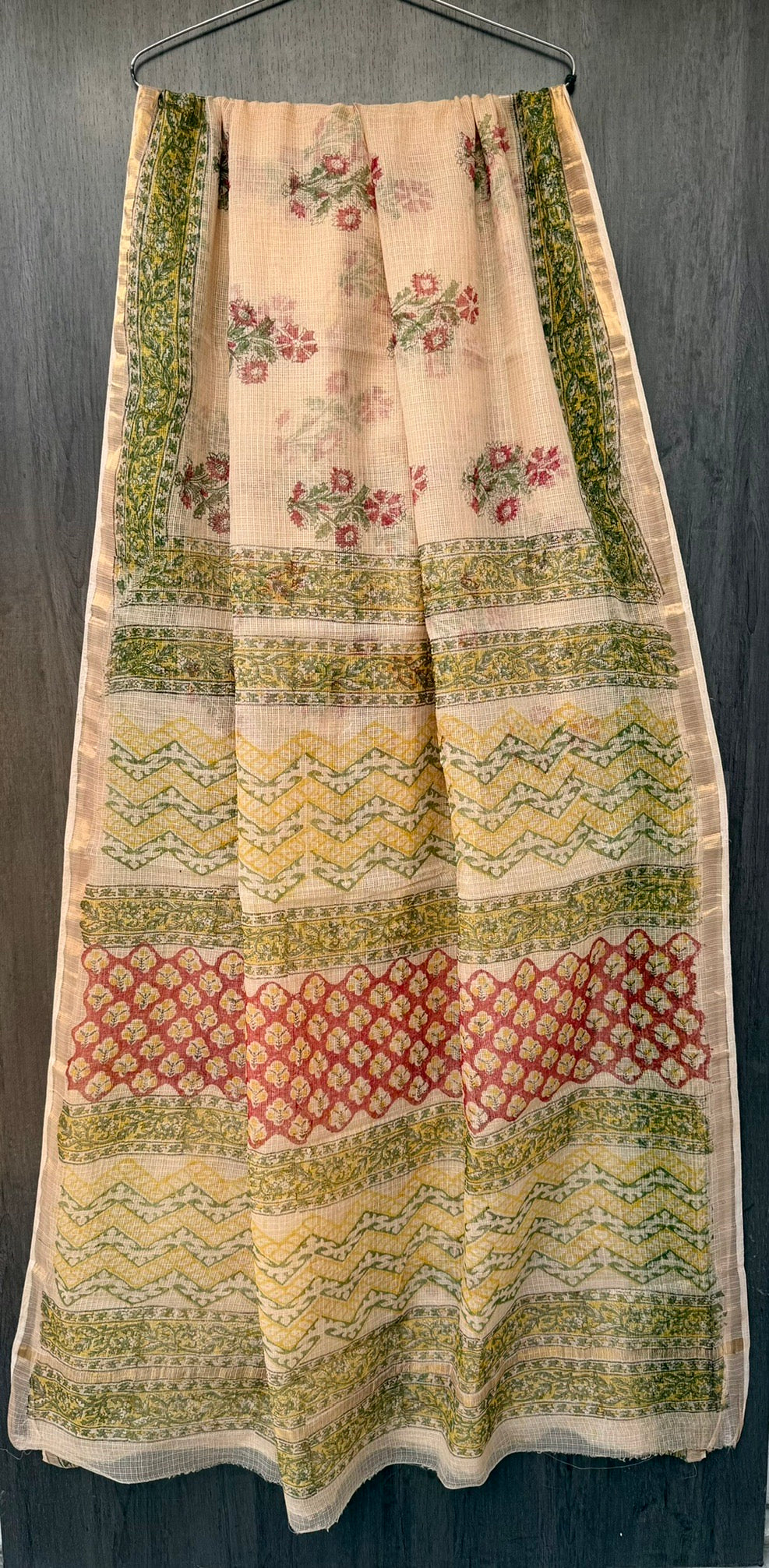 Multicolored Leheriya & Floral Block Print Kota Doria Saree