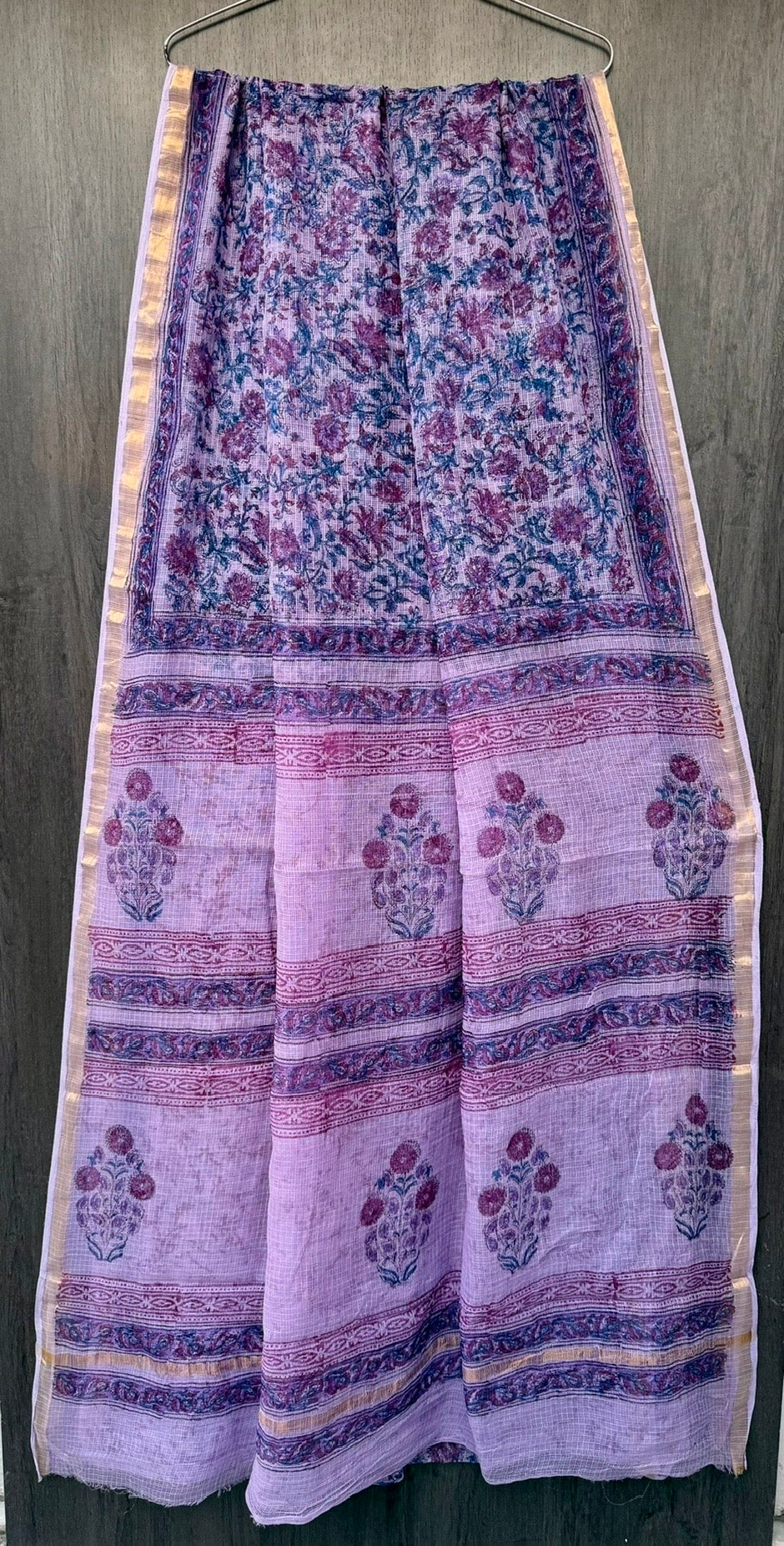 Lavender & Deep Purple Floral Jaal Hand Block Printed Kota Doria Saree