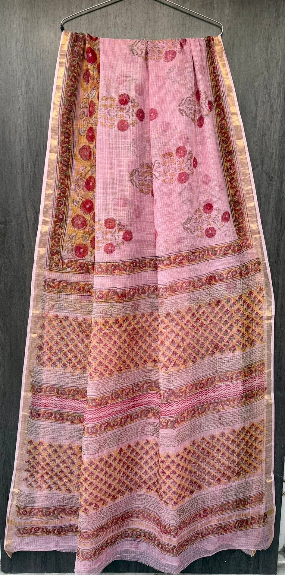 Blushing Pink Geometric Butti Block Print Kota Doria Cotton Saree