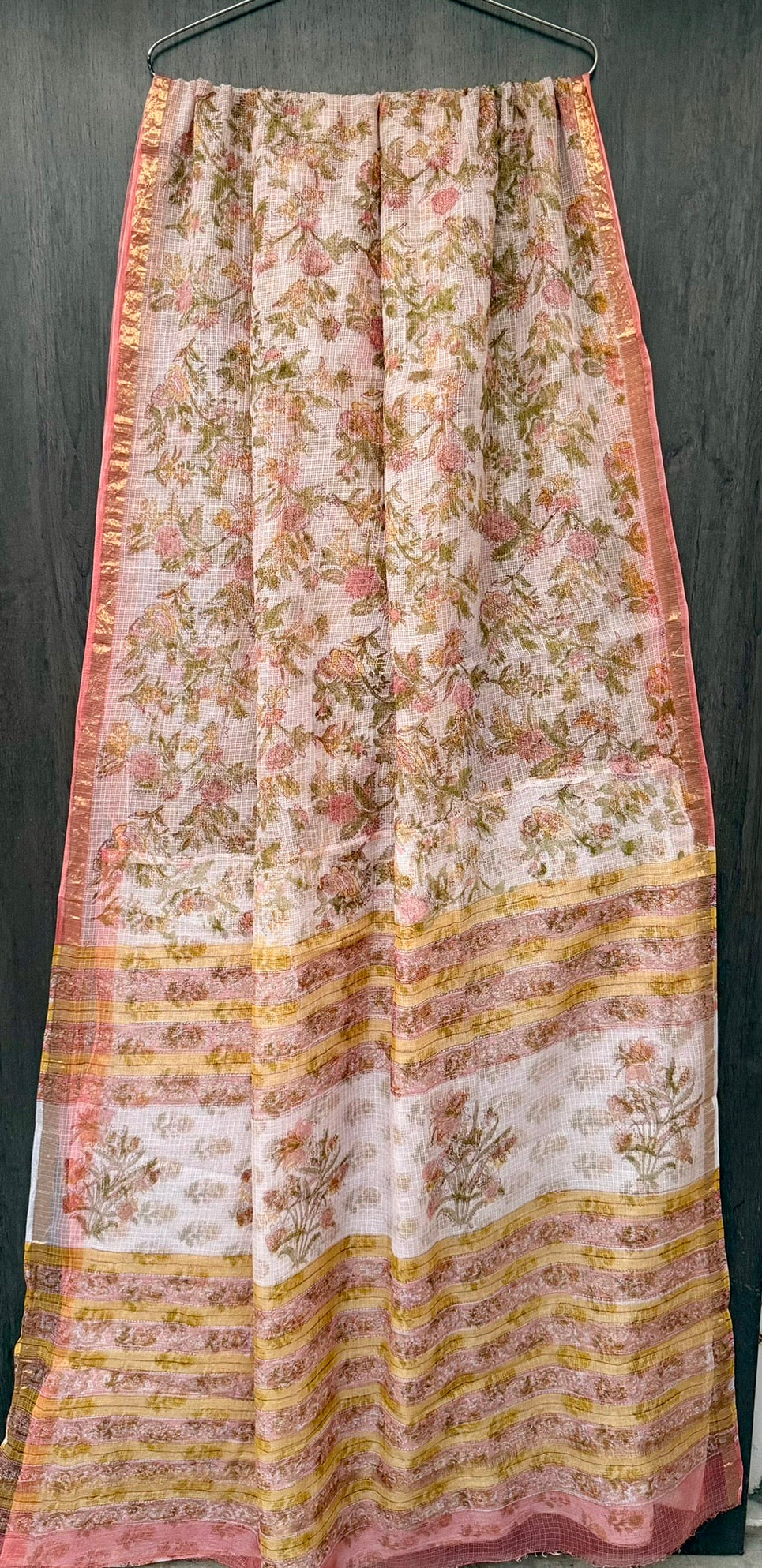 Peach & Sage Green Botanical Vine Print Kota Doria Saree