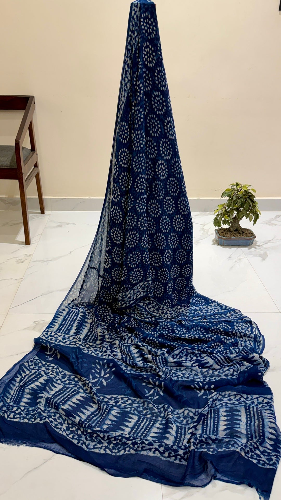 Premium Indigo Blue Chiffon Saree with Circular Geometric Handblock Print