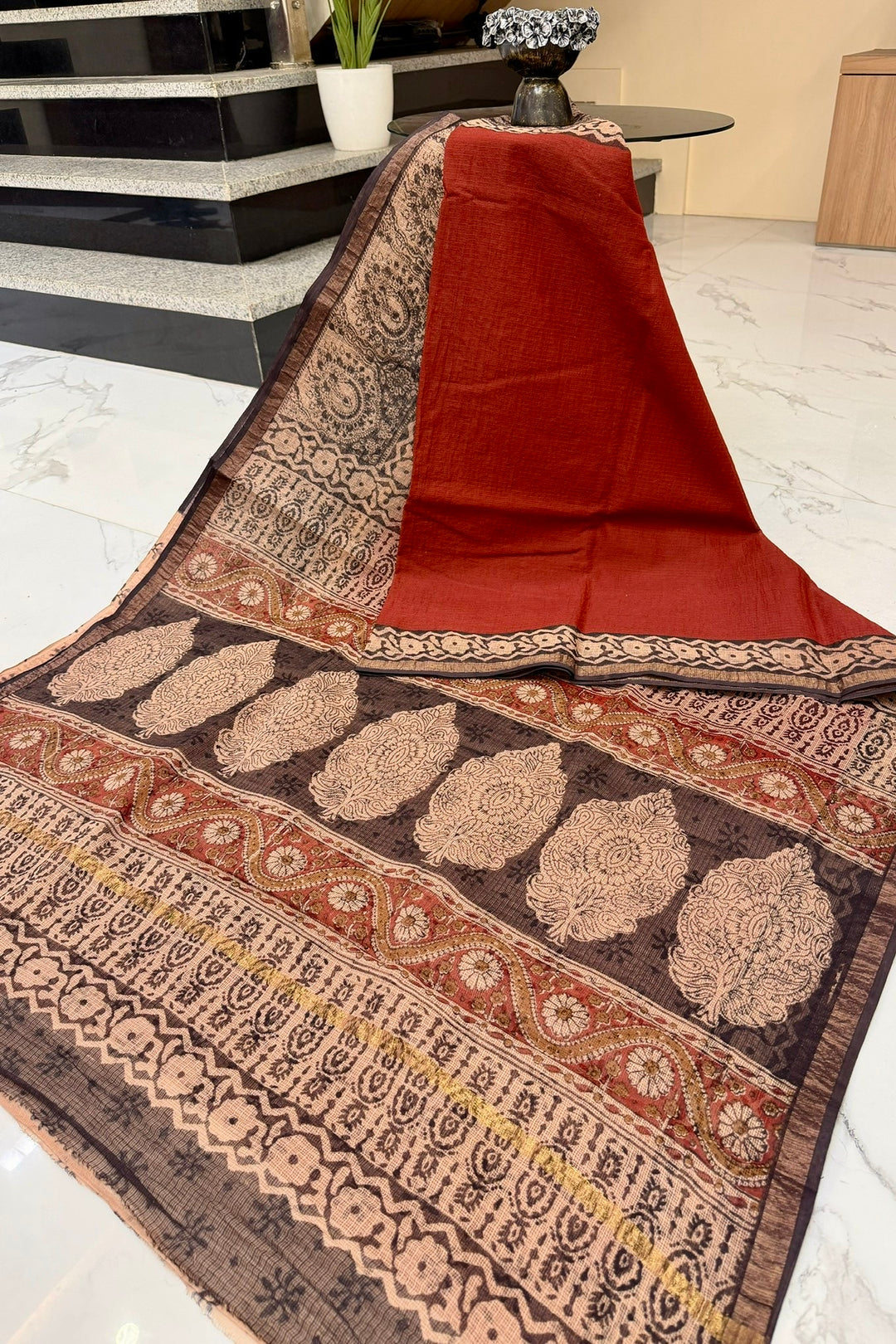 Earthy Rust Red Kota Doria Saree featuring Bold Hand-Block Buta Prints