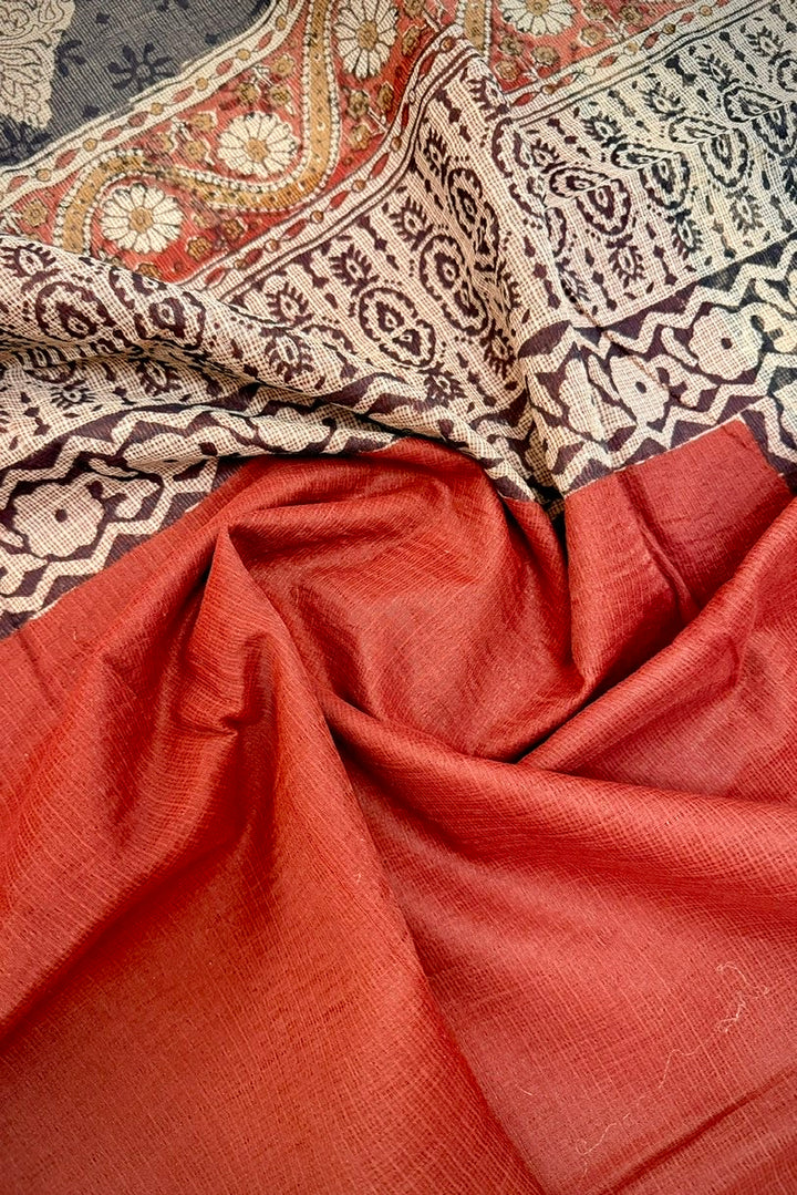 Earthy Rust Red Kota Doria Saree featuring Bold Hand-Block Buta Prints