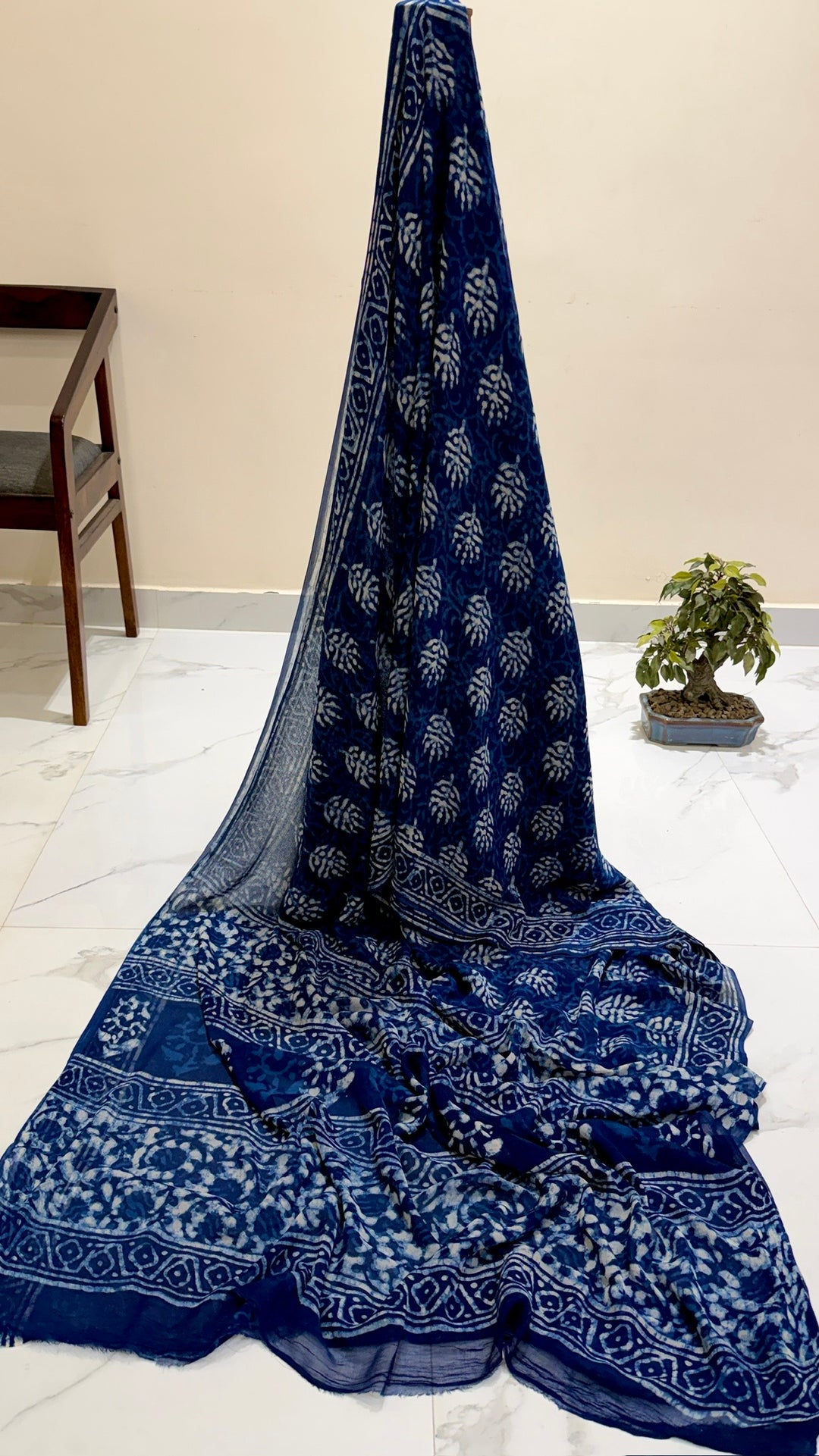 Premium Deep Indigo Chiffon Saree with Leaf Motif Handblock Print